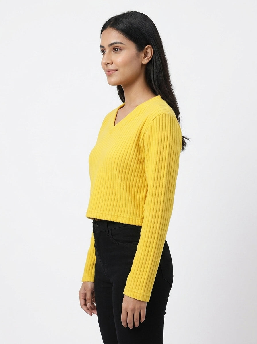 Yellow V-Neck Ribbed Long Sleeve Sweater