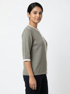 Women's Grey Solid Knit Button-Up Sweater with White Trim
