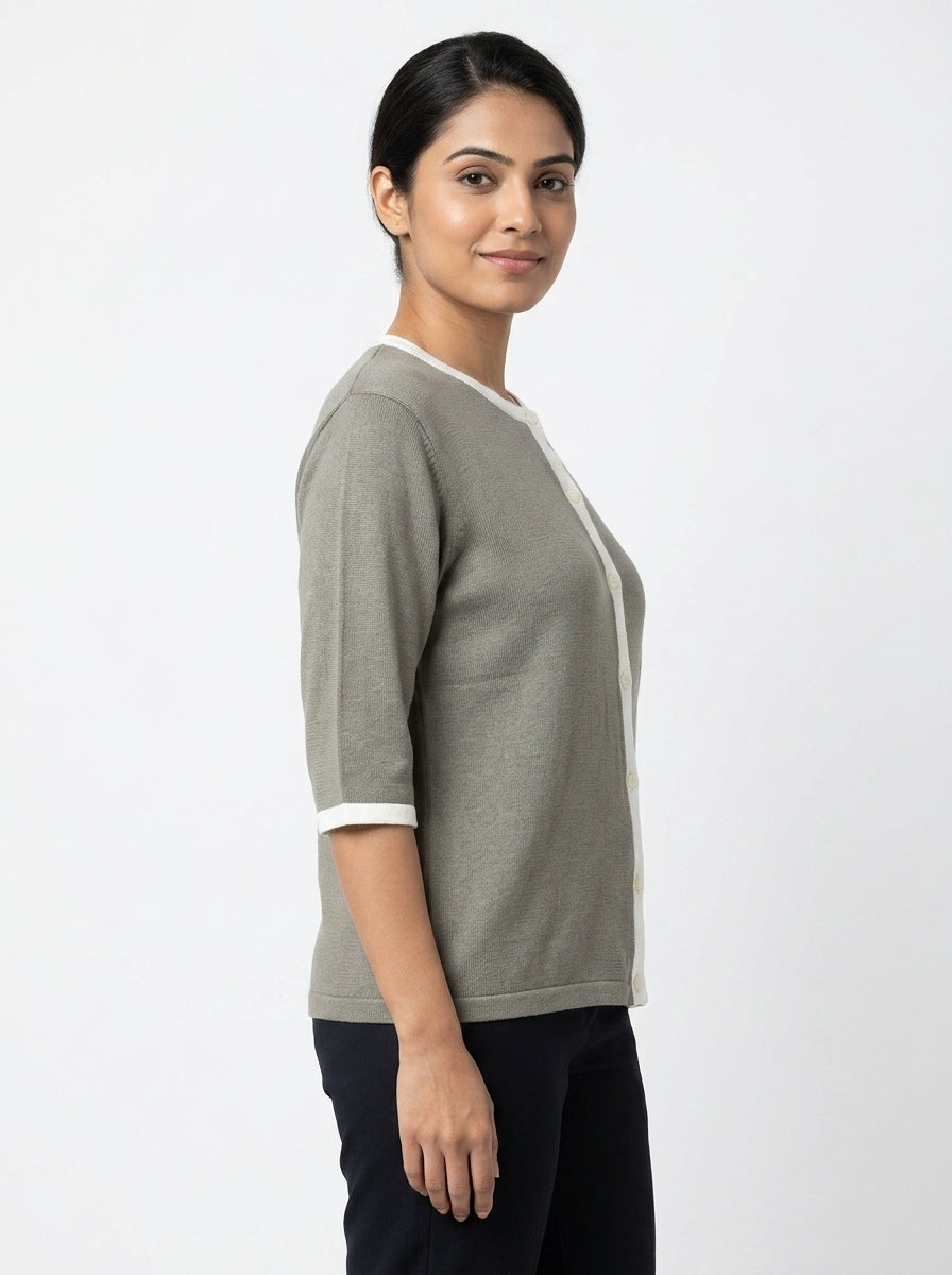 Women's Grey Solid Knit Button-Up Sweater with White Trim
