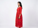 Red Floral Embroidered Flared Cotton Dress