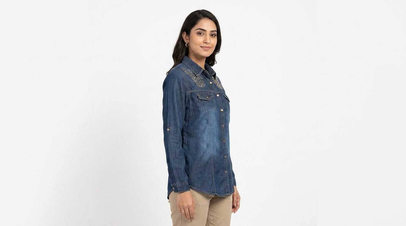 Women's Dark Blue Embellished Denim Casual Shirt