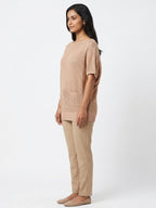 Women's Tan Knitted Relaxed Fit Sweater with Pockets