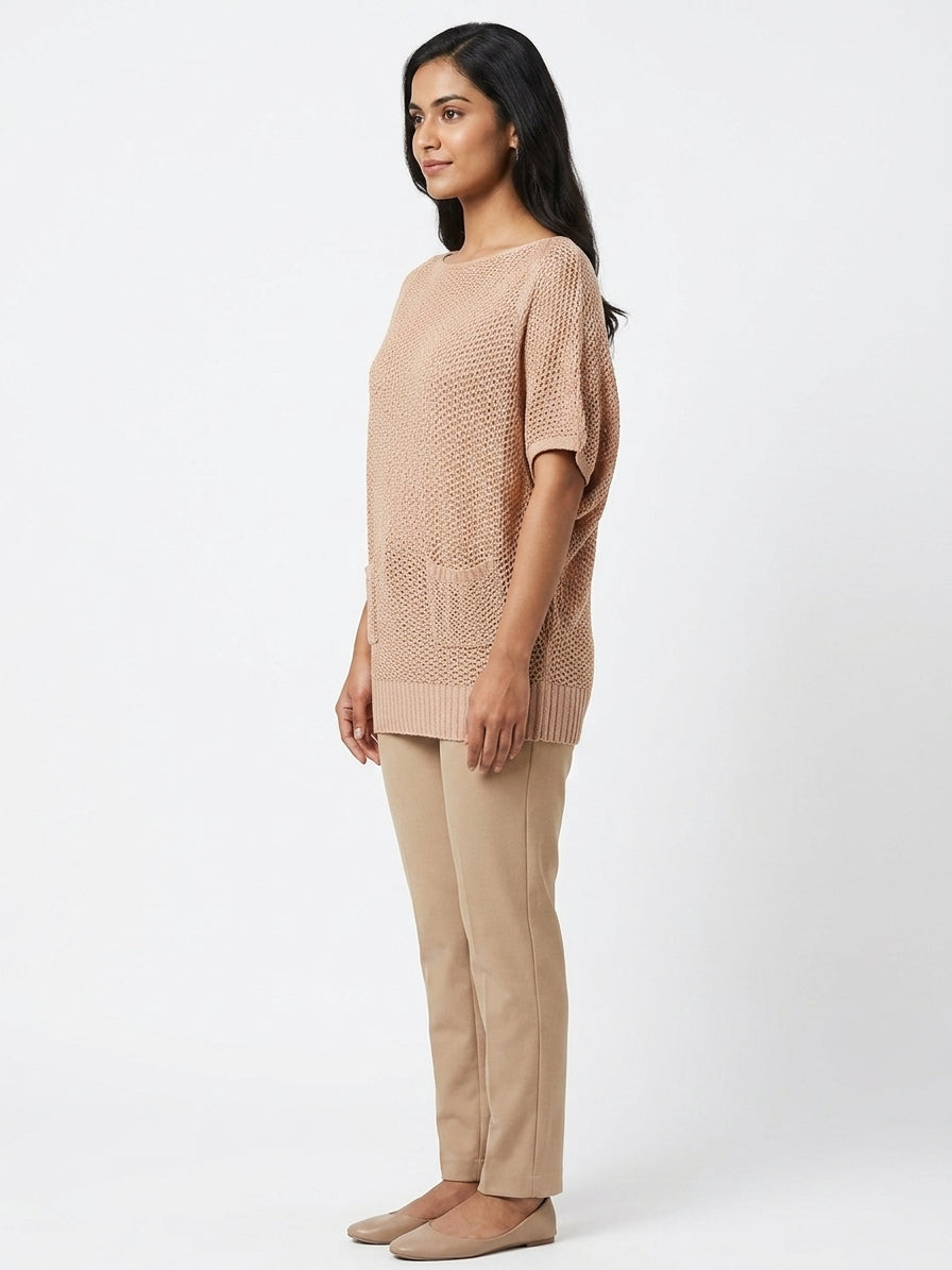 Women's Tan Knitted Relaxed Fit Sweater with Pockets