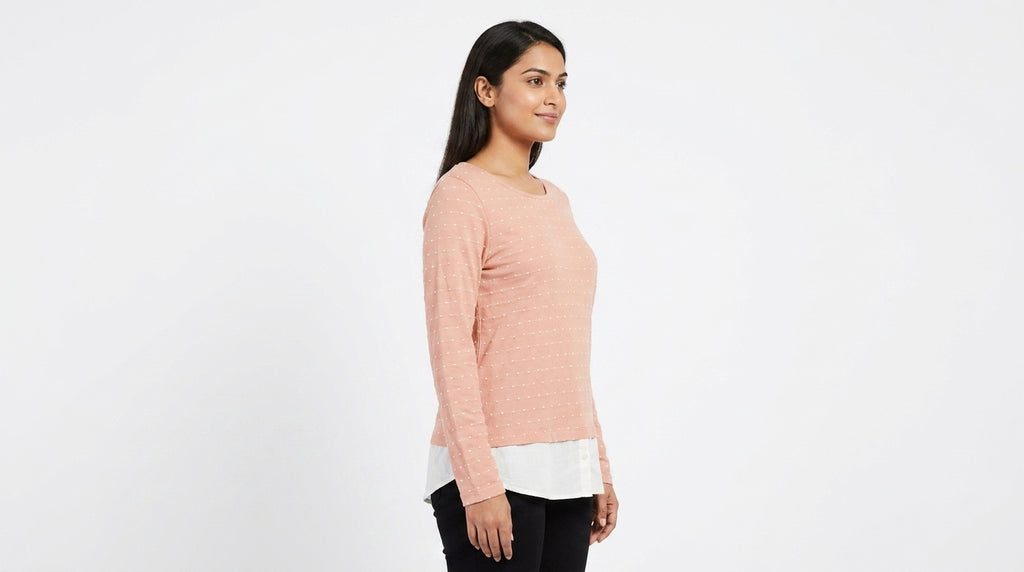 Women's Peach Textured Long Sleeve Layered Top