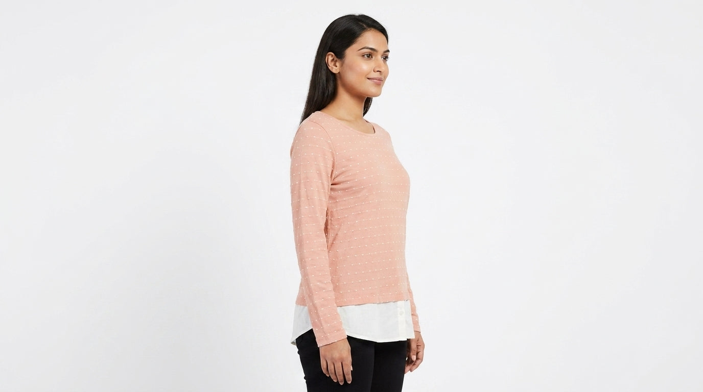 Women's Peach Textured Long Sleeve Layered Top