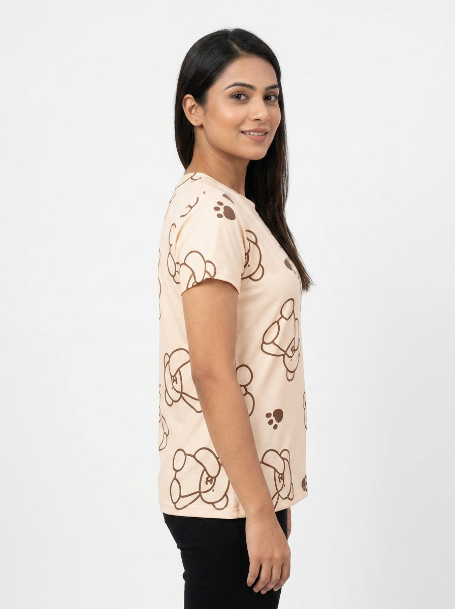 Beige Printed T-Shirt with Bear Design