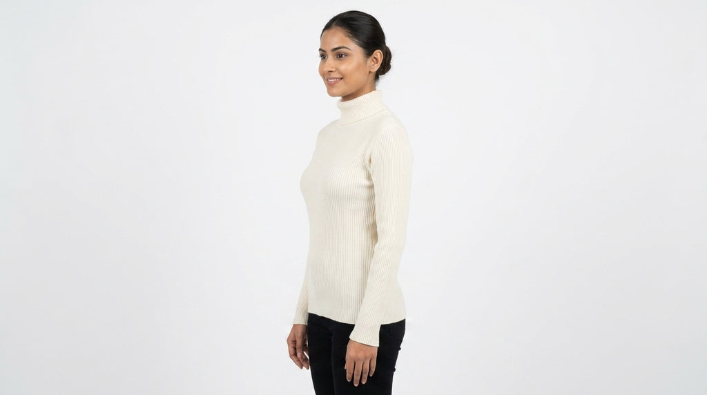 Women's Off White Ribbed High Neck Sweater