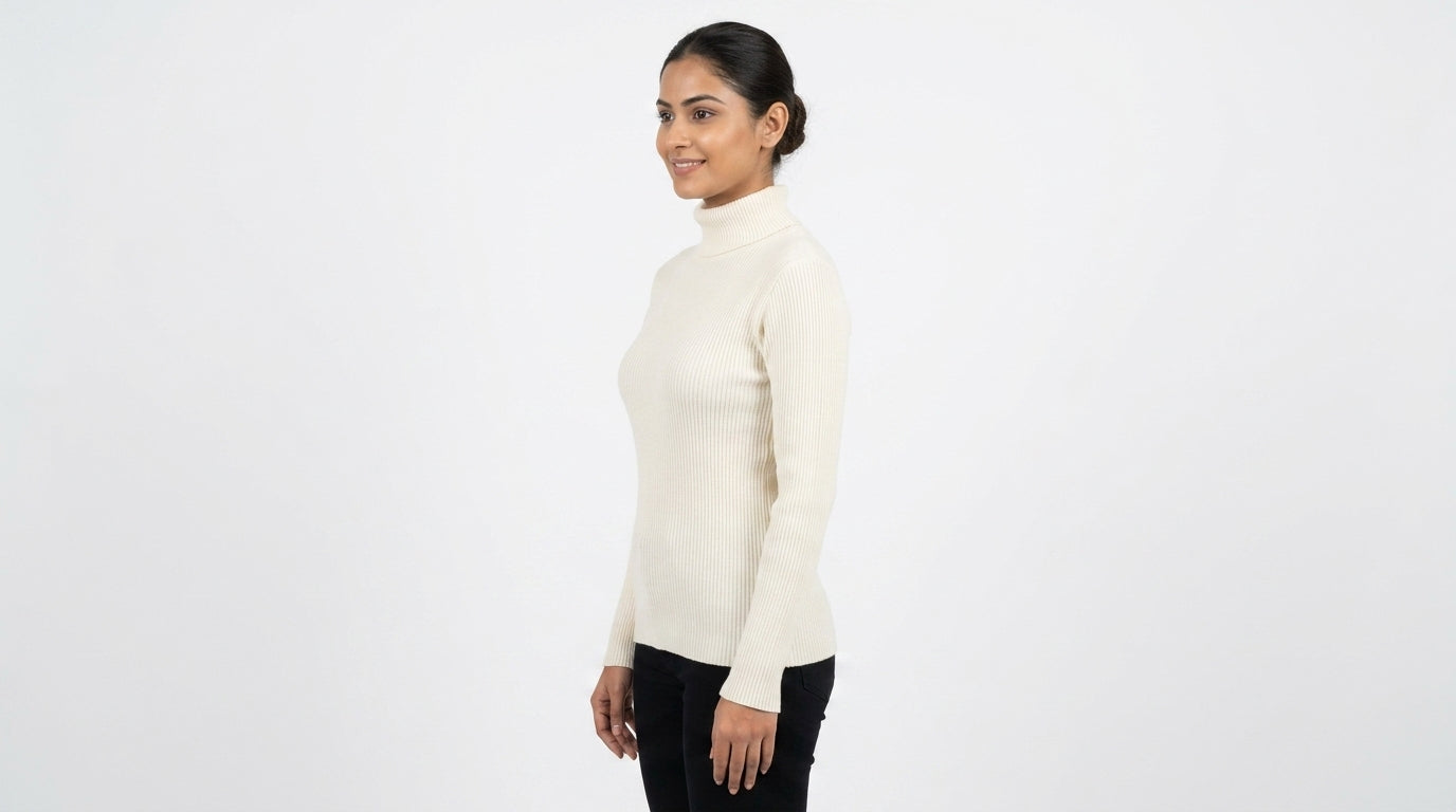 Women's Off White Ribbed High Neck Sweater