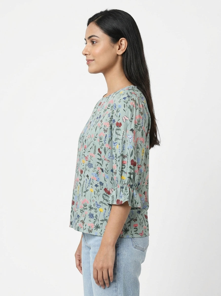 Sea Green Floral Printed Regular Fit Top