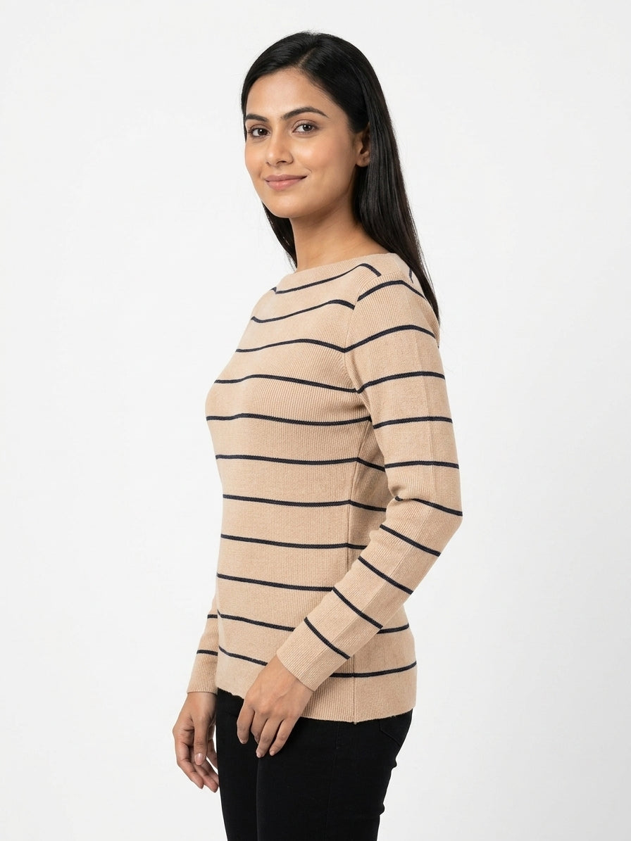 Beige Striped Knit Long Sleeve Sweater