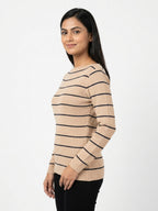 Beige Striped Knit Long Sleeve Sweater