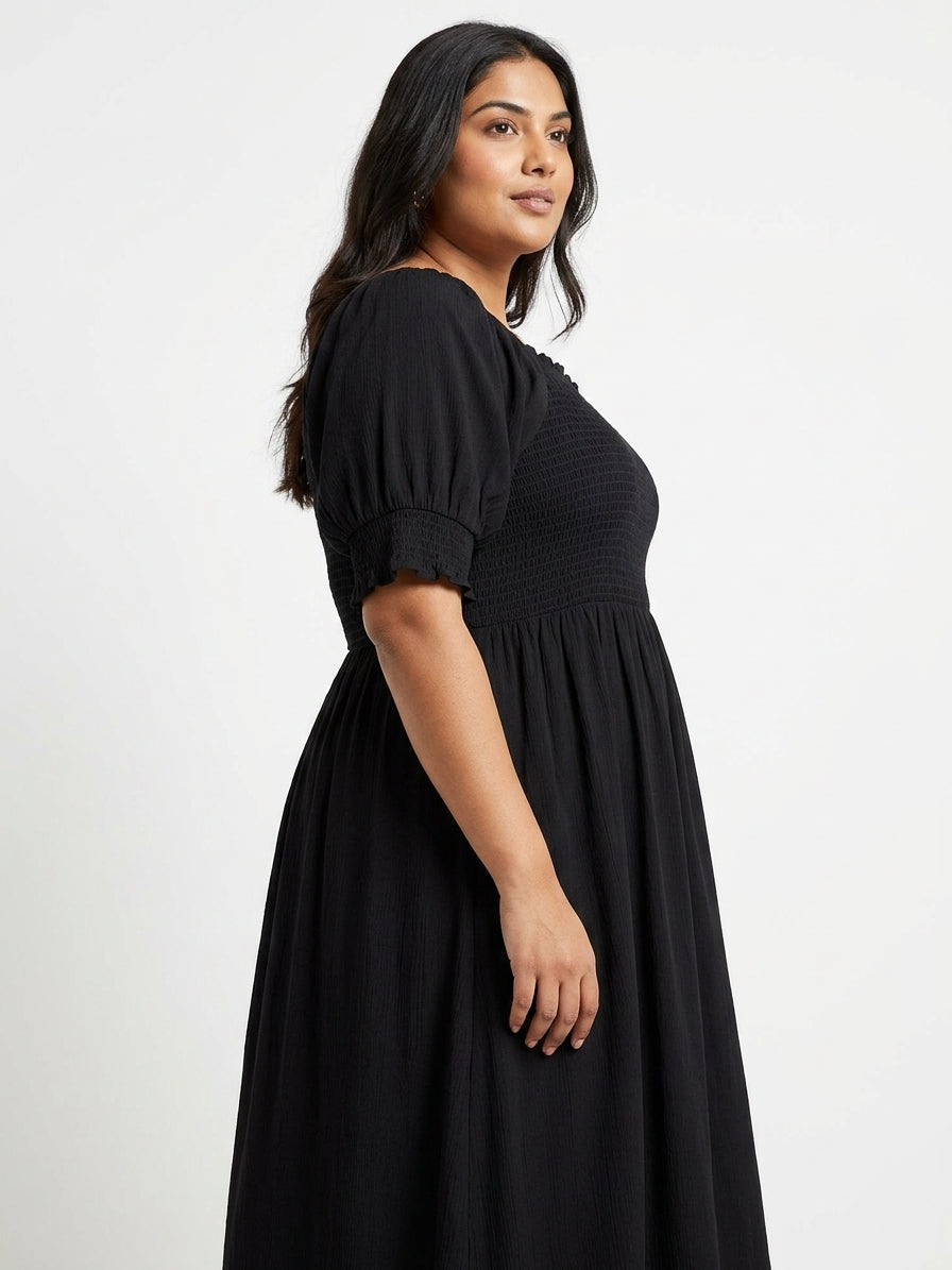 Women's Black Smocked Square Neck Puff Sleeve Midi Dress