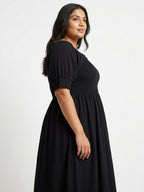 Women's Black Smocked Square Neck Puff Sleeve Midi Dress