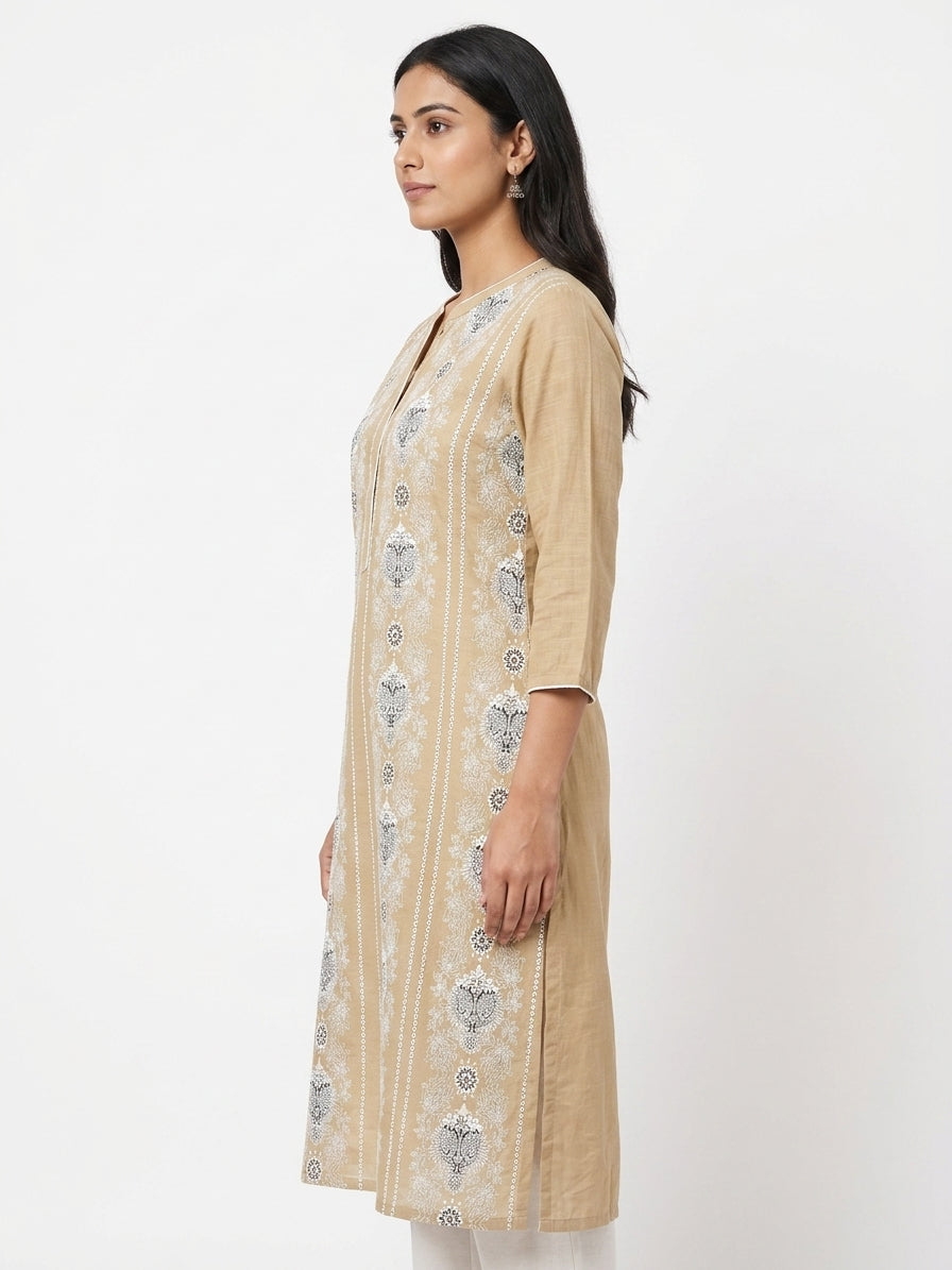 Beige Printed Cotton Straight Kurti
