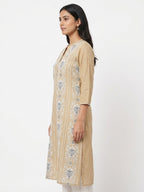 Beige Printed Cotton Straight Kurti