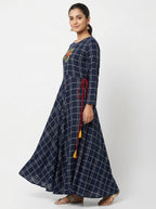 Women's Navy Blue Checked Flared Kurti with Embroidered Yoke