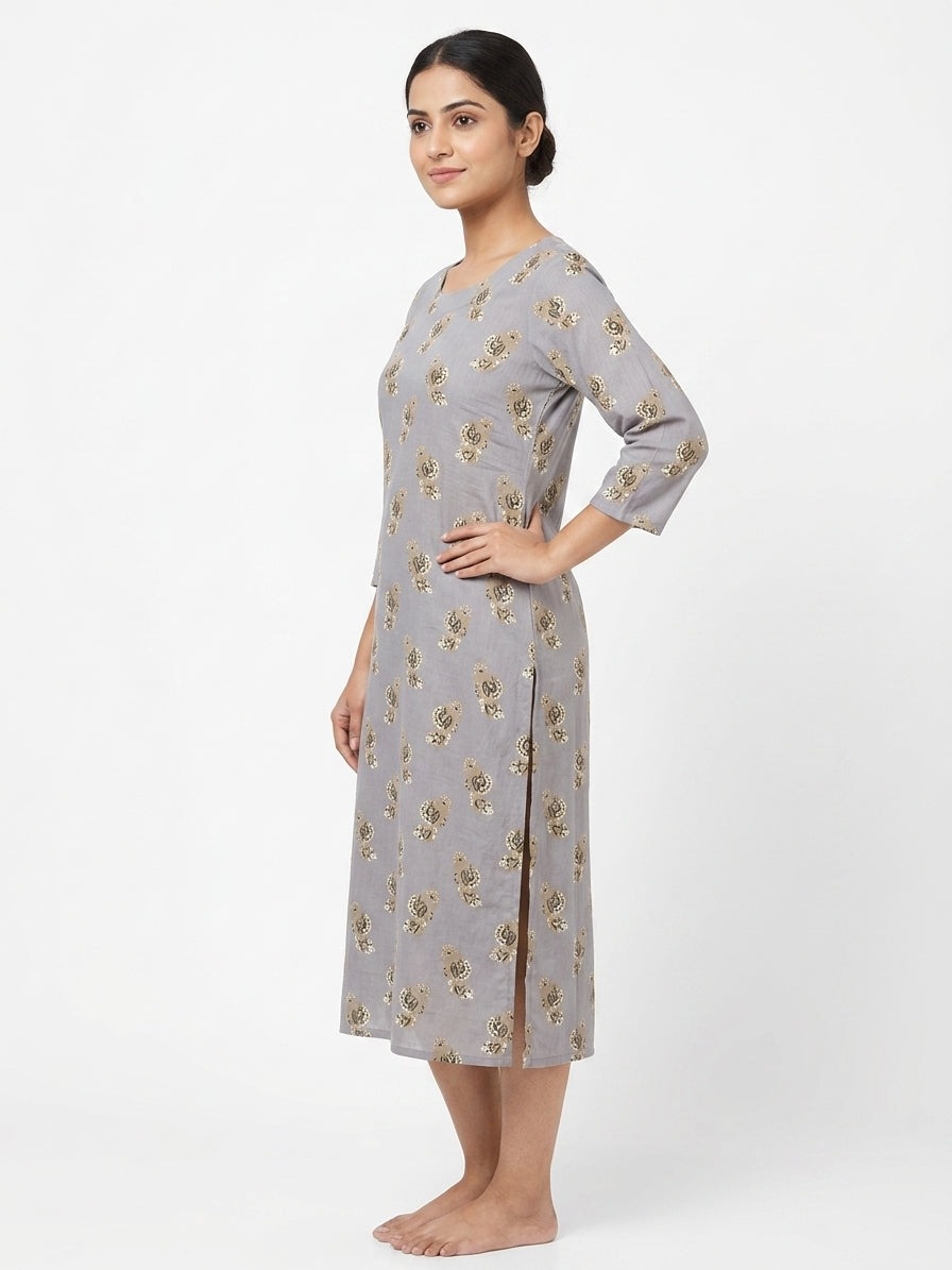 Women's Grey Printed Round Neck 3/4 Sleeve Kurti