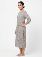 Women's Grey Printed Round Neck 3/4 Sleeve Kurti