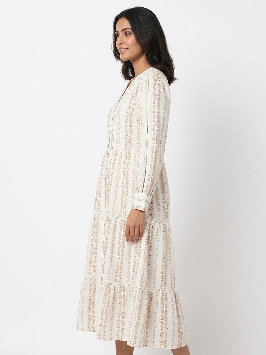Off White Floral Print Tiered A-line Dress