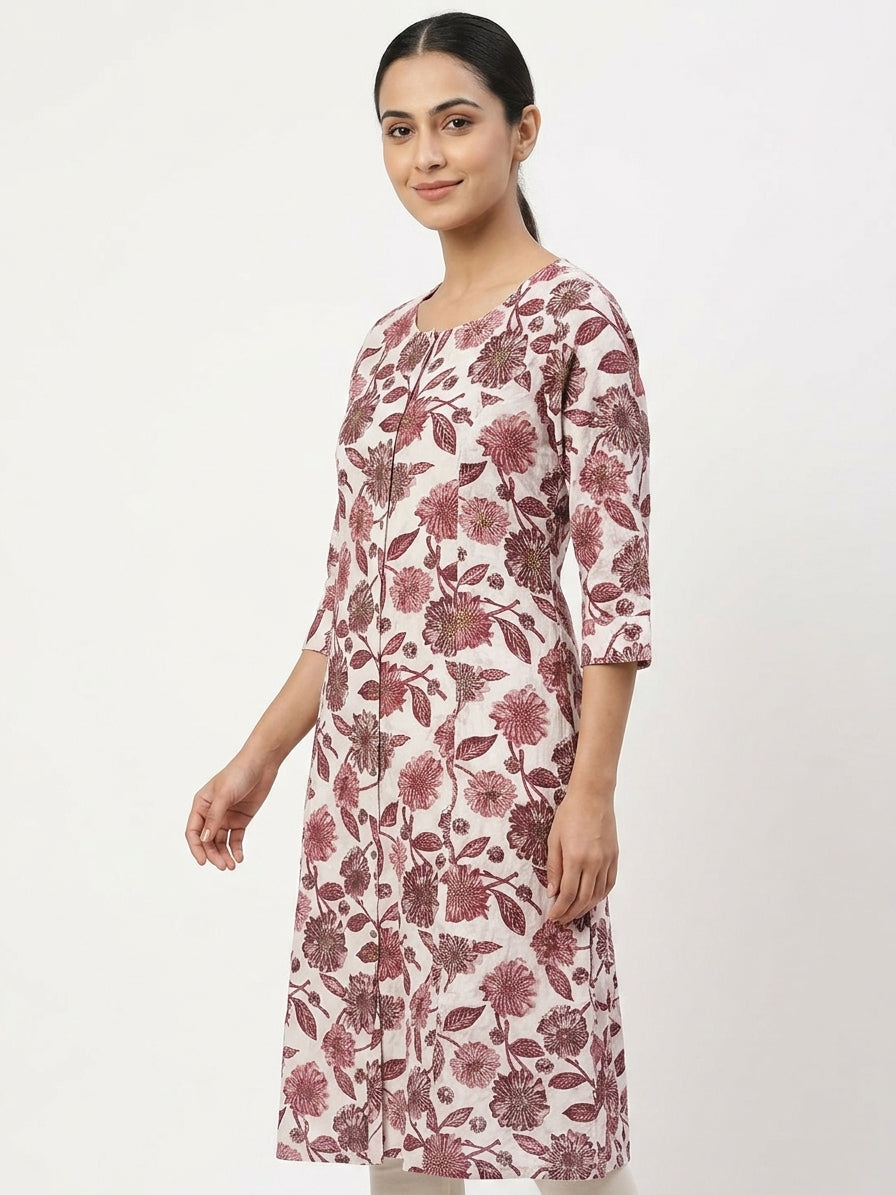 Off White & Maroon Floral Print Cotton Kurti