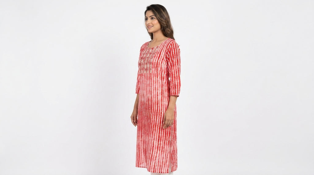 Red and White Striped Embellished Straight Kurti