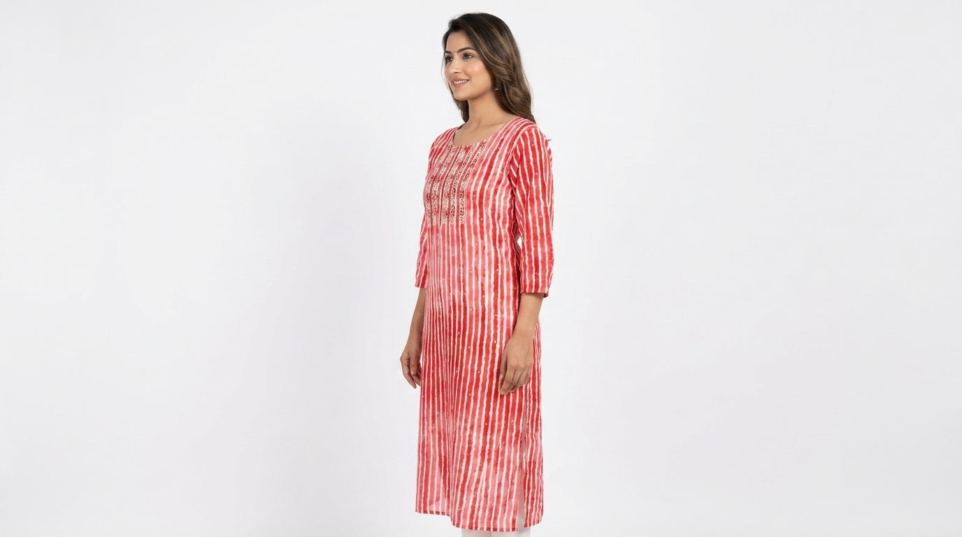 Red and White Striped Embellished Straight Kurti