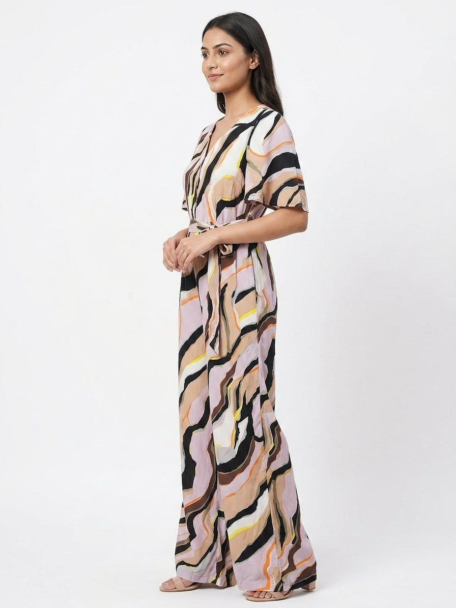 Abstract Print V-Neck Empire Waist Casual Dress
