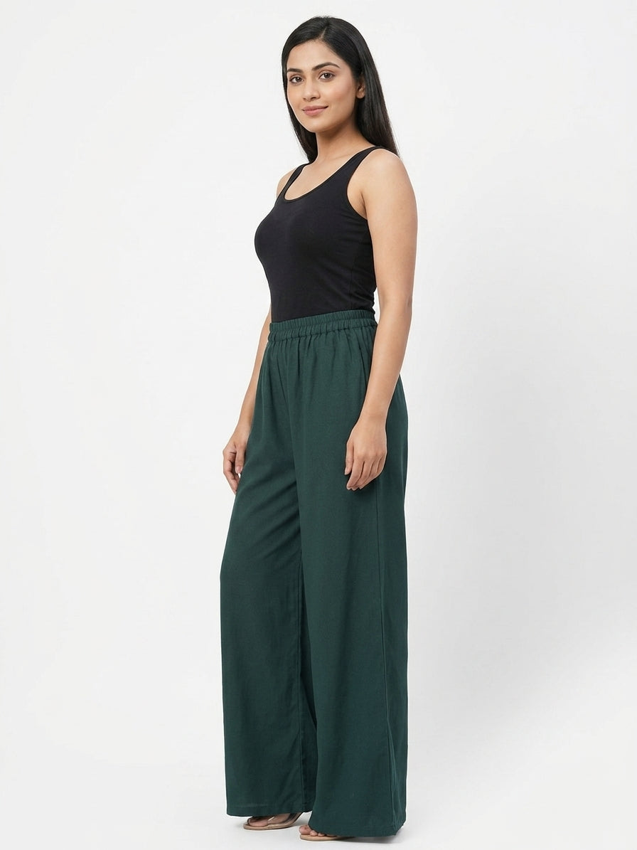 Dark Green Solid Relaxed Fit Palazzo Pants