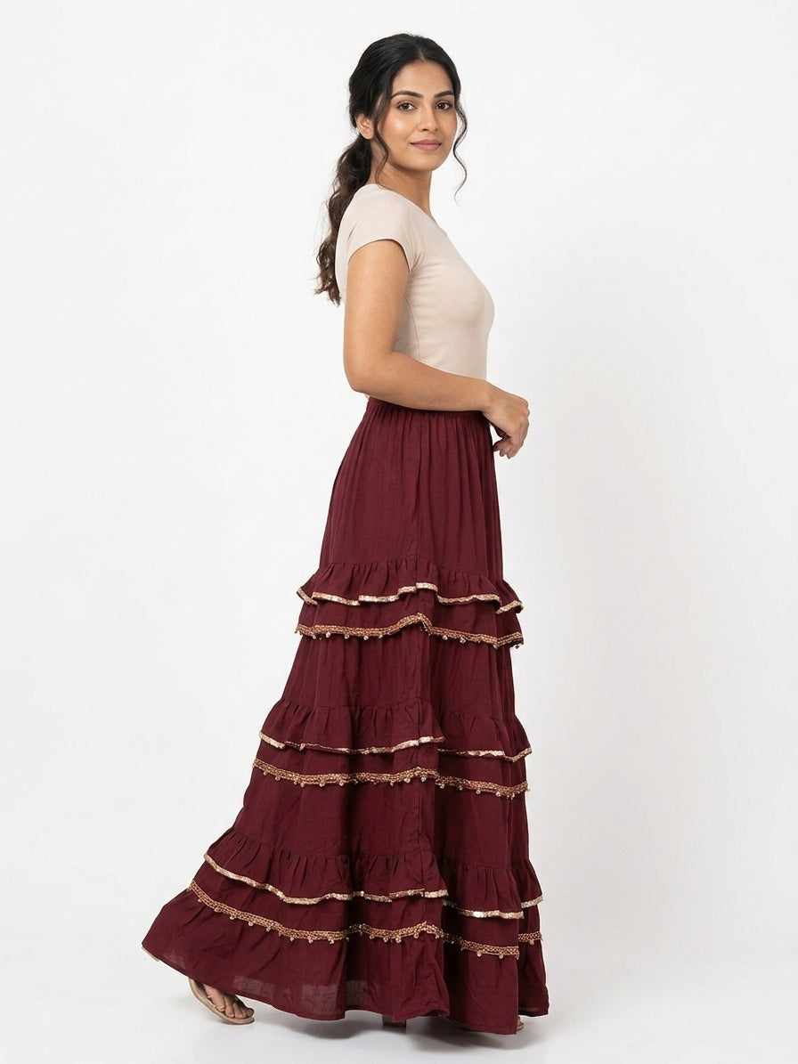 Maroon Embellished Flared Tiered Skirt