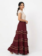 Maroon Embellished Flared Tiered Skirt
