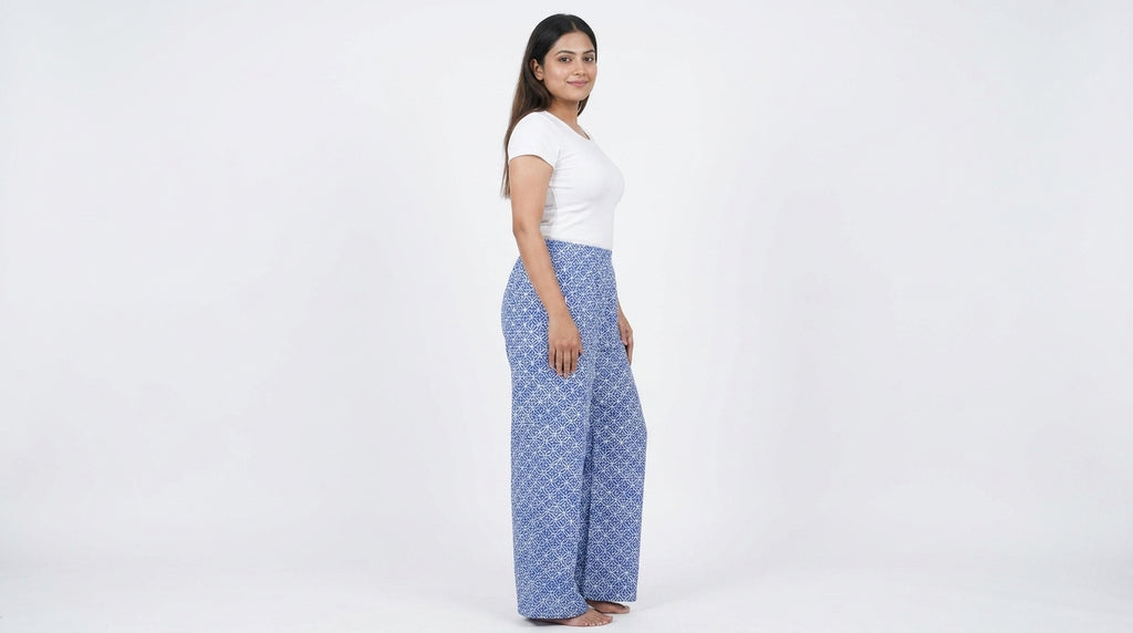 Blue Geometric Print Flared Rayon Palazzos