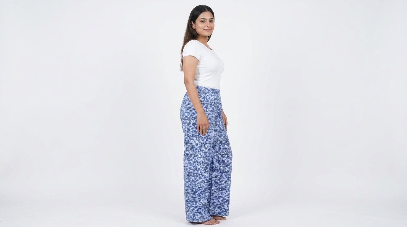 Blue Geometric Print Flared Rayon Palazzos