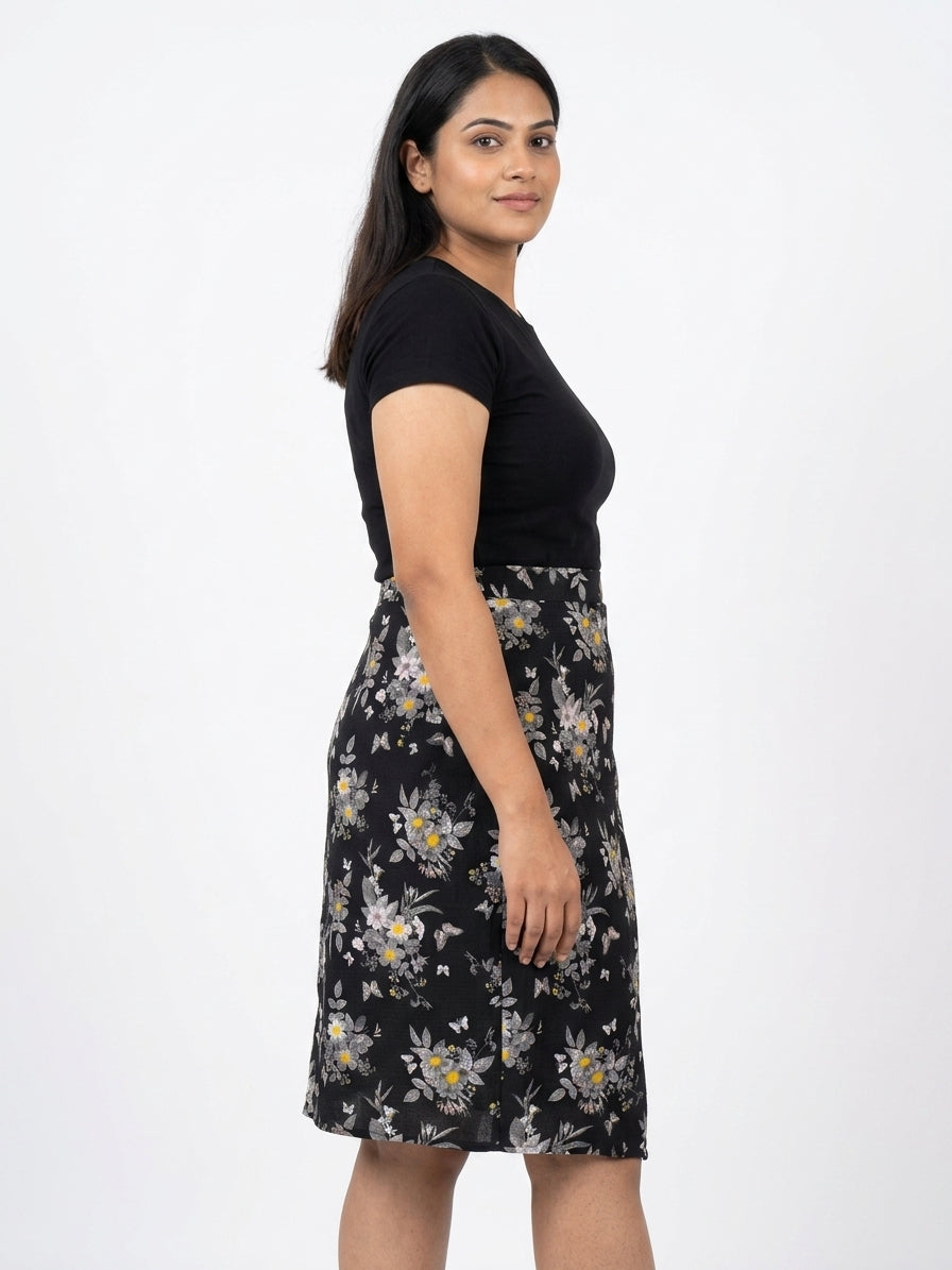 Black Floral Printed Casual Skirt