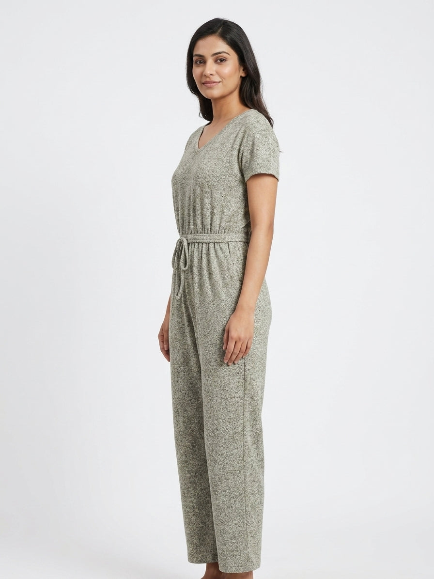 Women's Grey Textured Knit Short Sleeve Jumpsuit