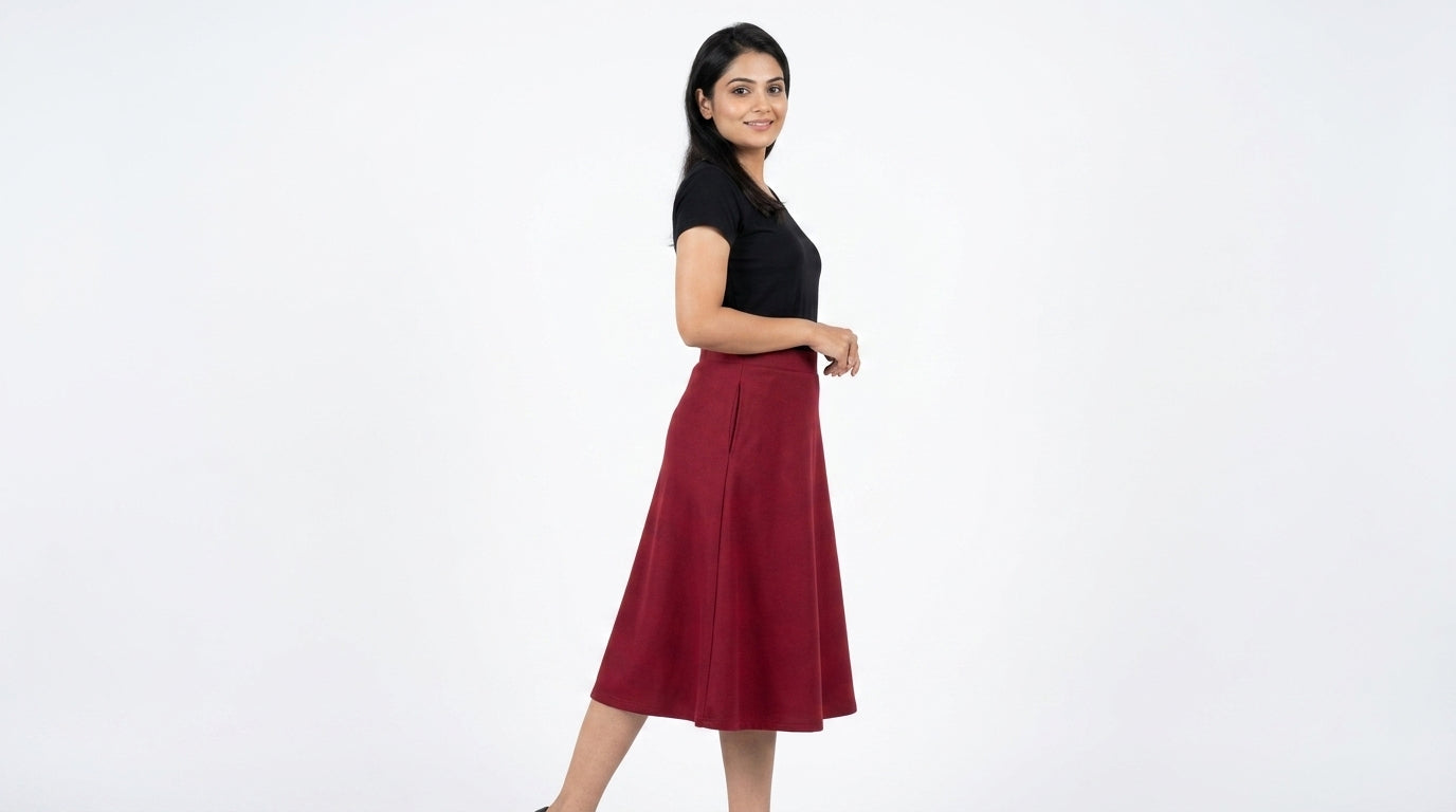 Wine Solid A-line Skirt