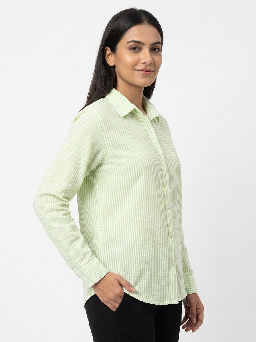 Light Green & White Striped Regular Fit Casual Shirt