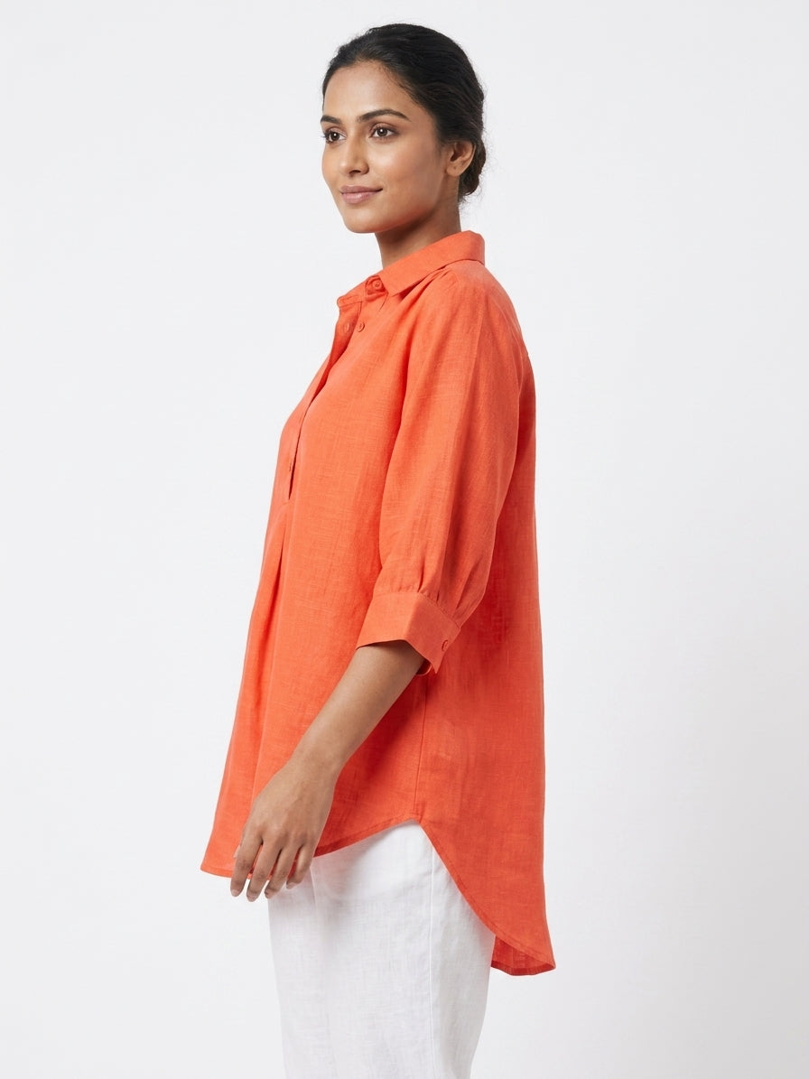 Orange Solid Relaxed Fit Linen Tunic Top