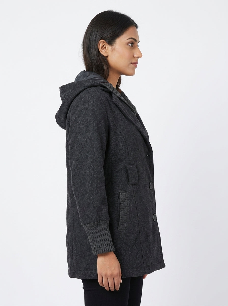Dark Grey Hooded Casual Jacket