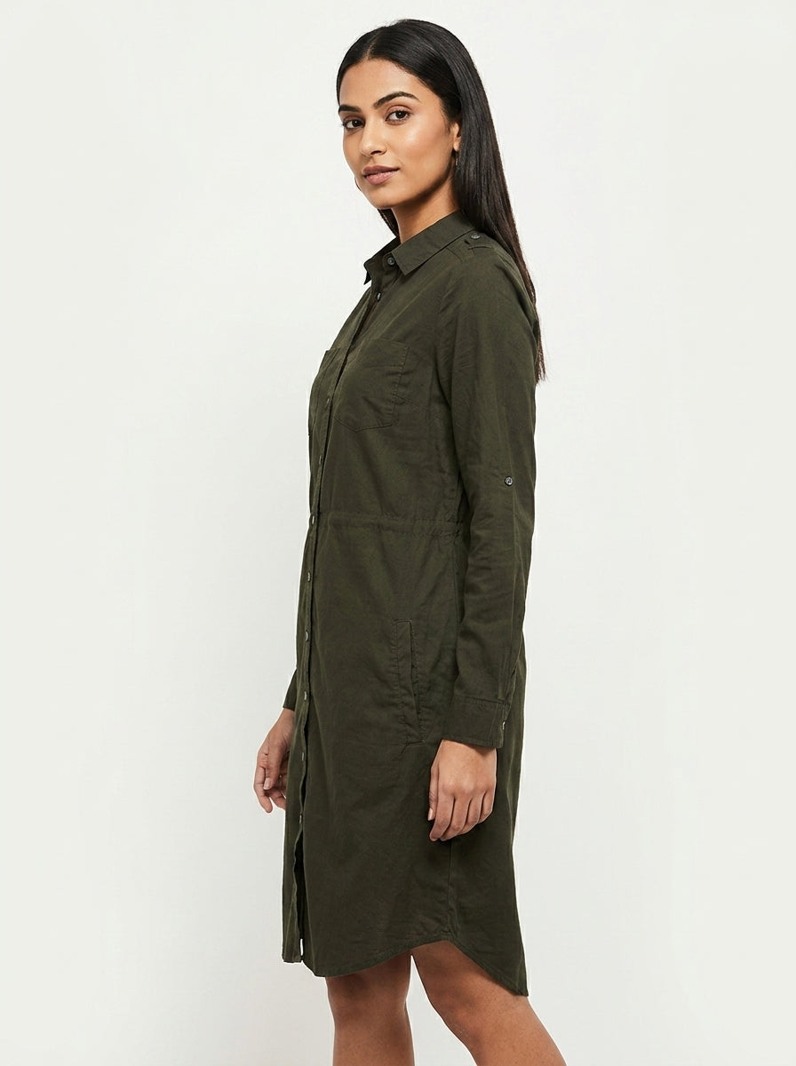 Dark Green Casual Button-Down Shirt Dress
