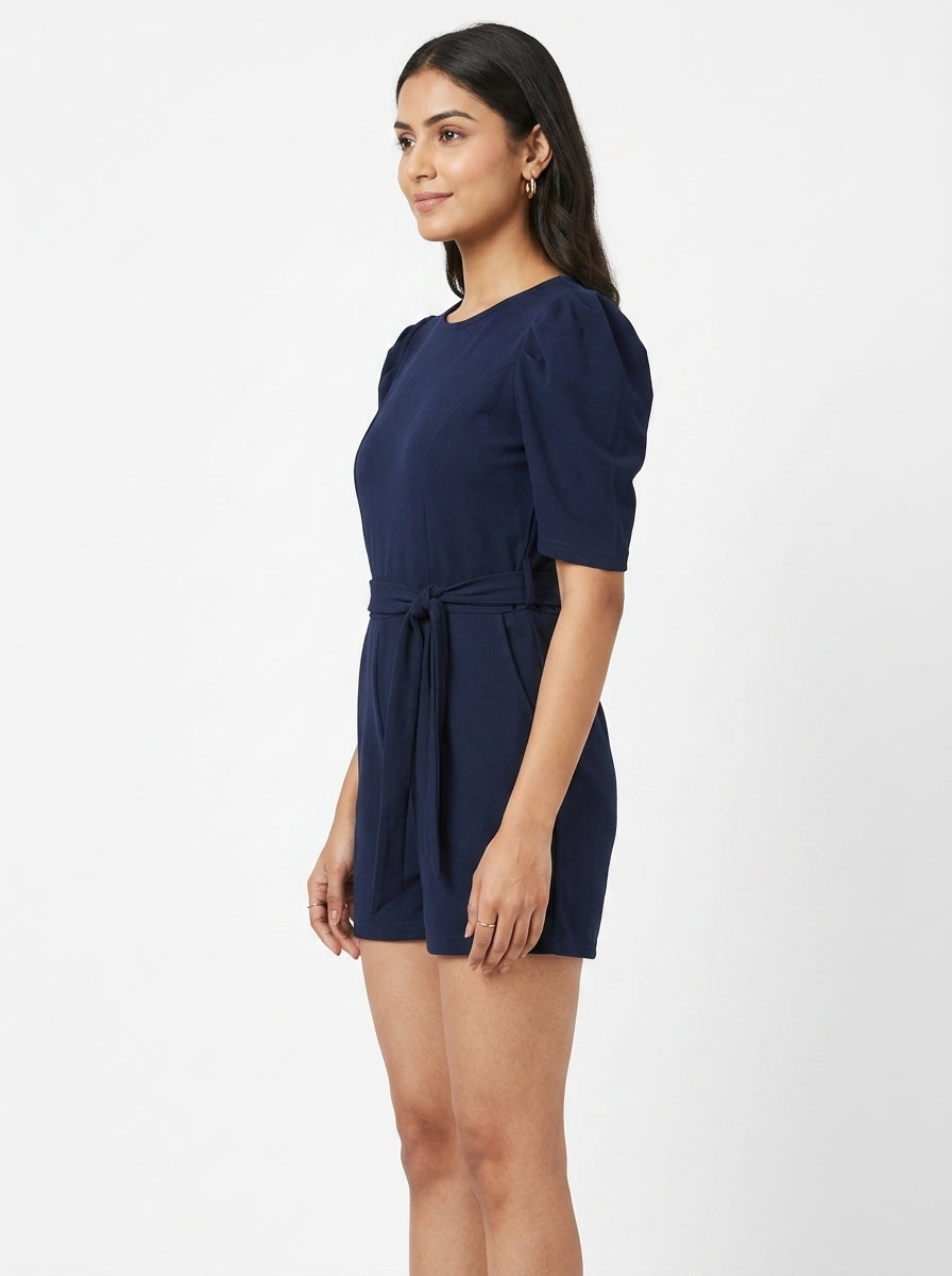Women's Navy Solid Puff Sleeve Romper with Tie-Up Waist
