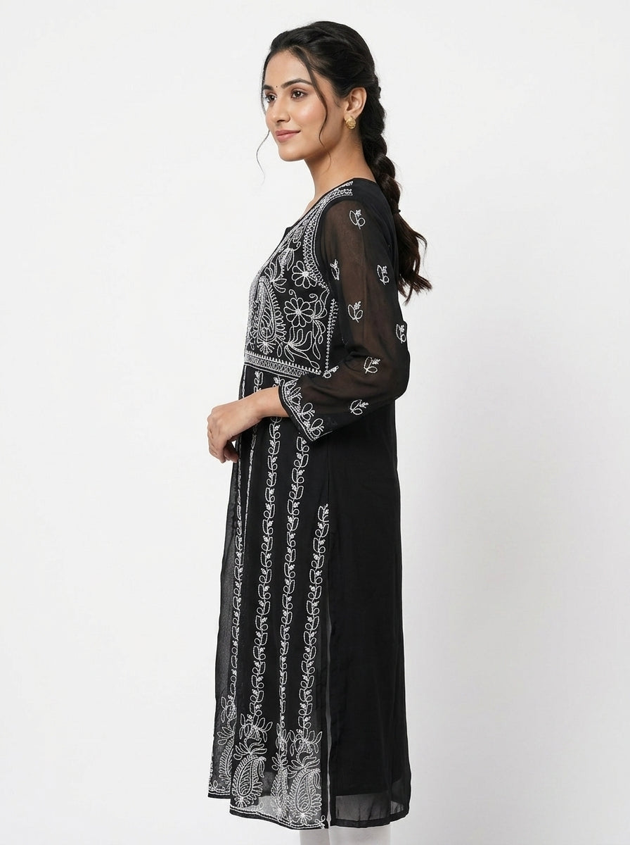Black Embroidered Straight Kurti