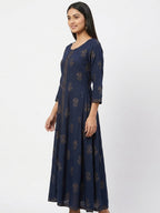 Women's Navy Blue Ethnic Print Flared Kurti