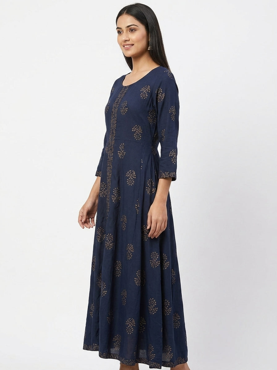 Women's Navy Blue Ethnic Print Flared Kurti