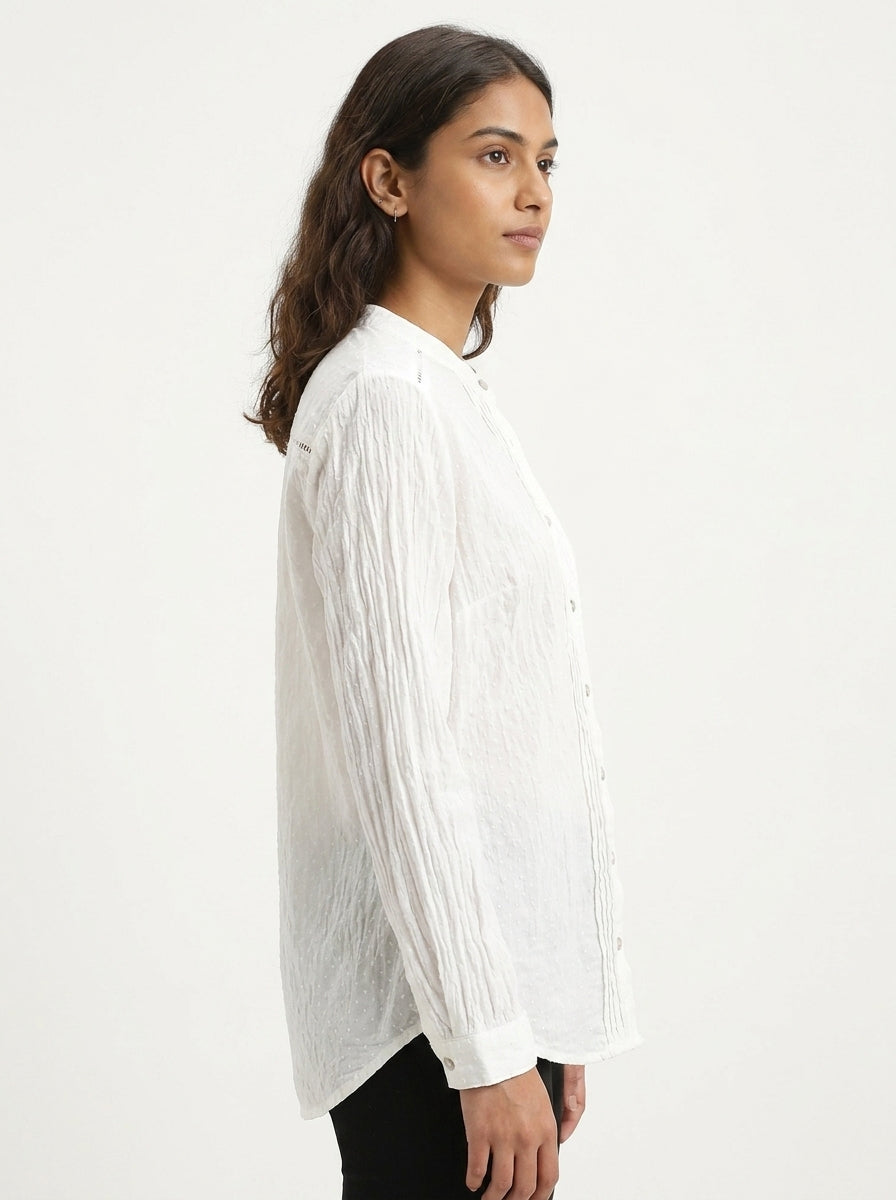 White Self-Design Regular Fit Casual Shirt