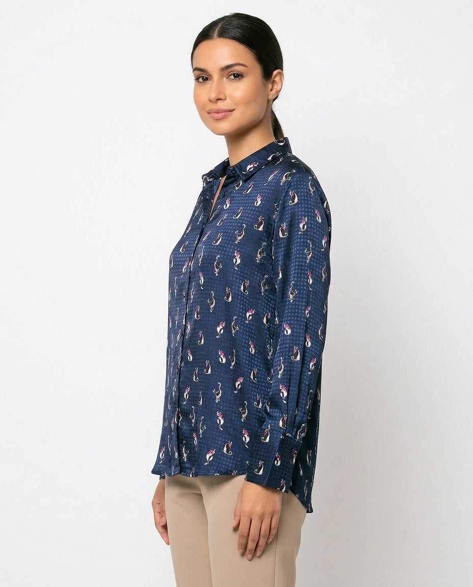 Women's Navy Blue Animal Print Casual Shirt