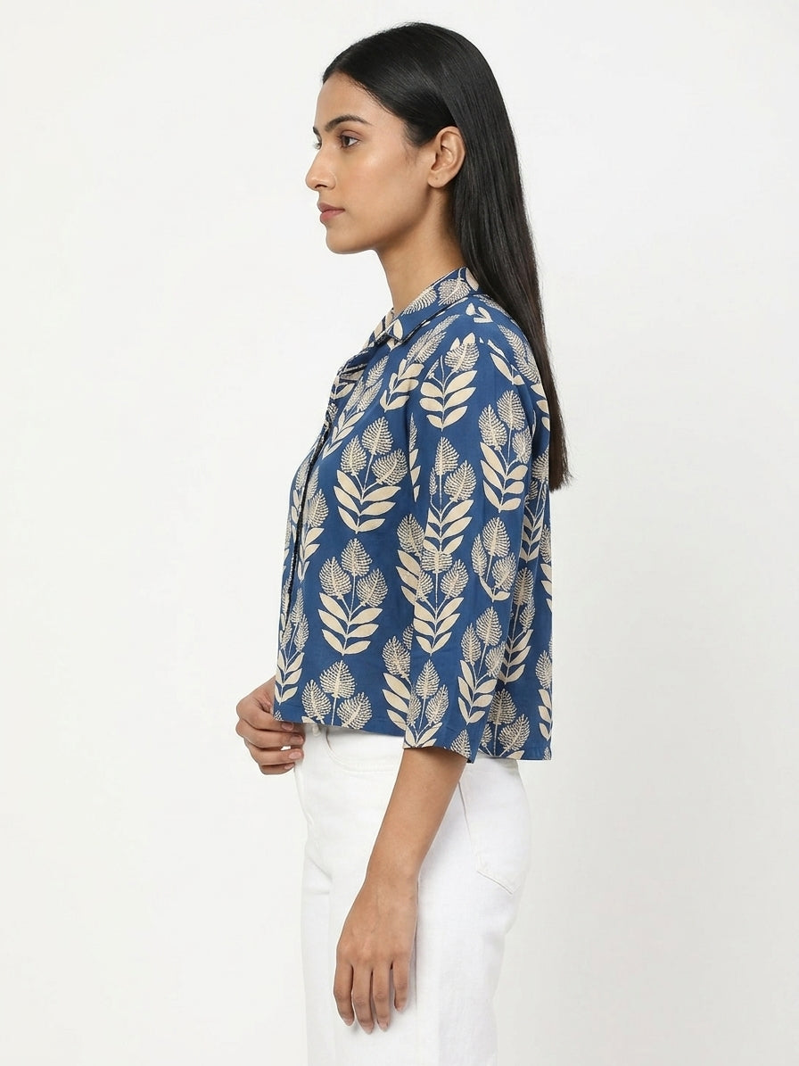 Blue Botanical Print Cropped Casual Shirt