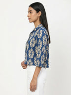 Blue Botanical Print Cropped Casual Shirt
