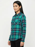 Green and Navy Plaid Casual Button-Up Shirt