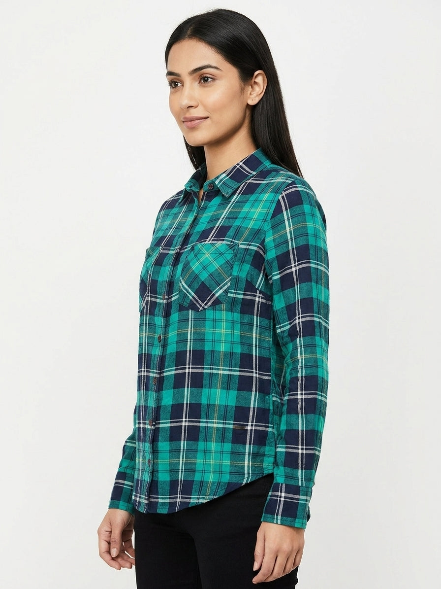 Green and Navy Plaid Casual Button-Up Shirt