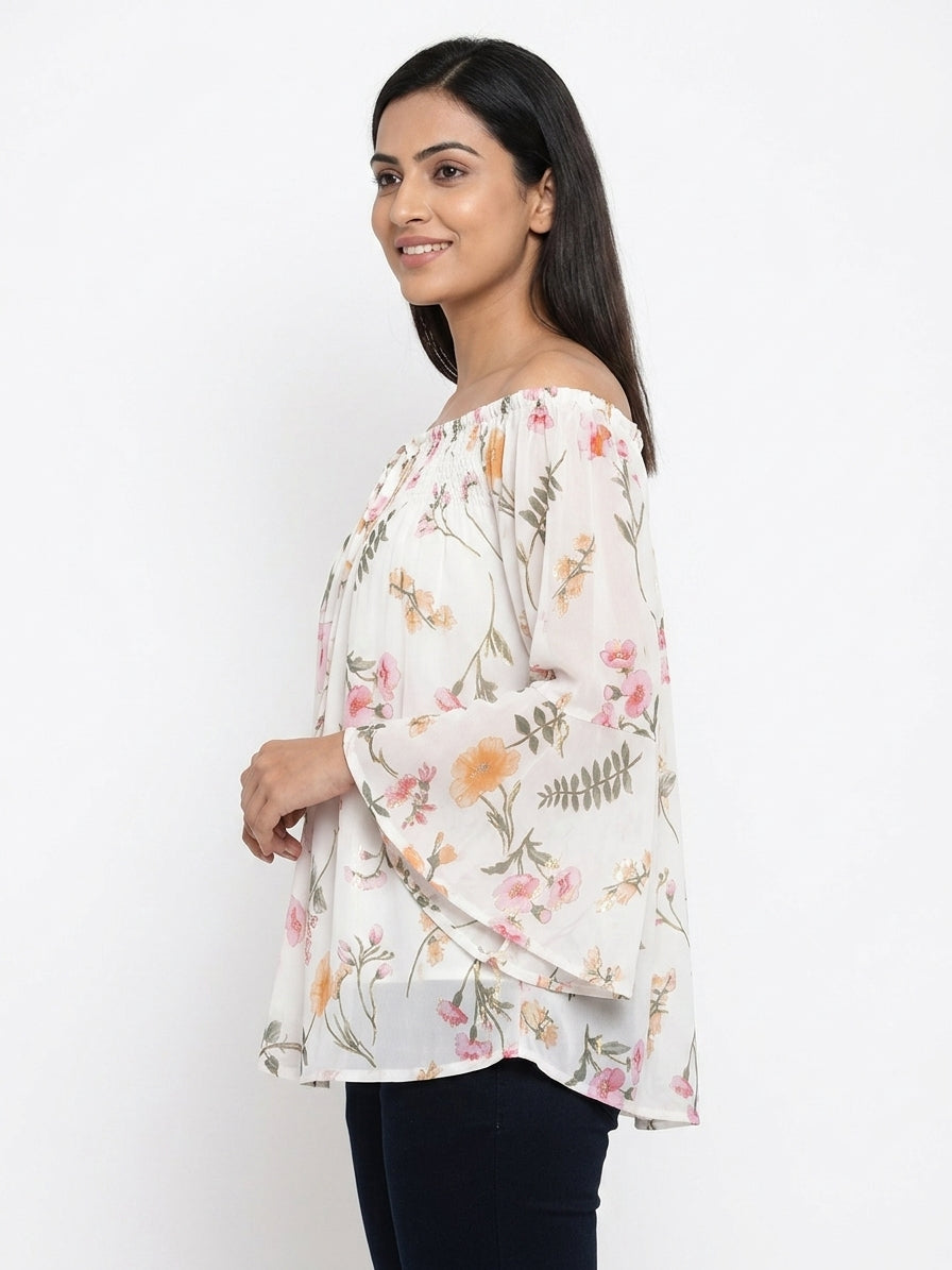 Women's Off White Floral Printed Smocked Top